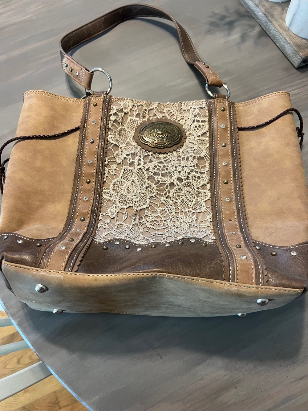 Selling for friend: Justin Boho Lace Panel Tote Bag in Beige and Brown